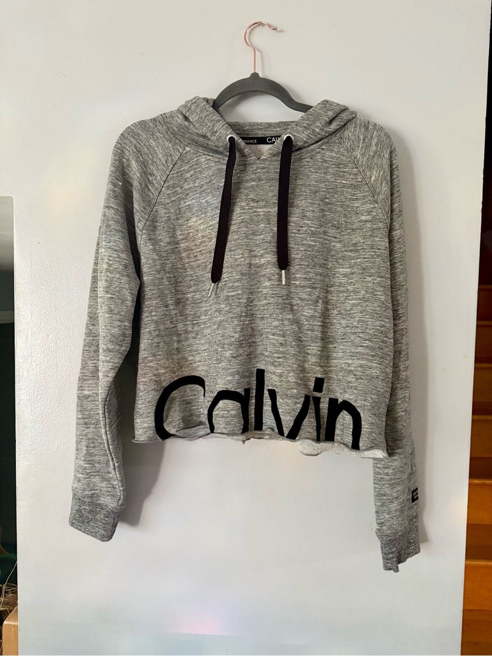 Calvin Klein Performance Grey Heather Raw Hem Cropped Hoodie - Size XL